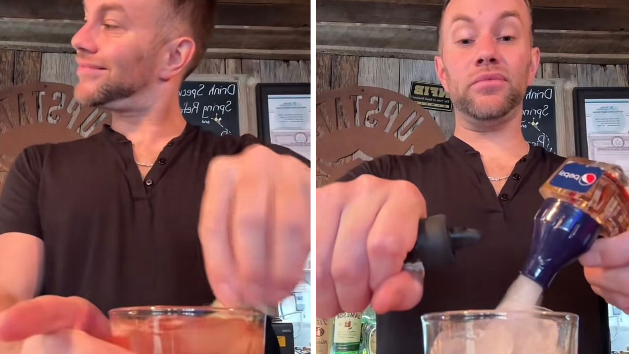 A bartender making a drink. Right: A bartender in a TikTok.