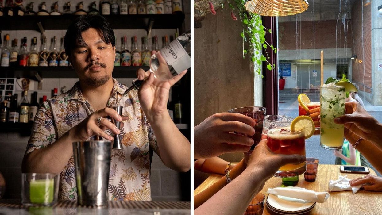 A bartender measuring liquor for a drink. Right: Five drinks cheersing over a table at a restaurant.