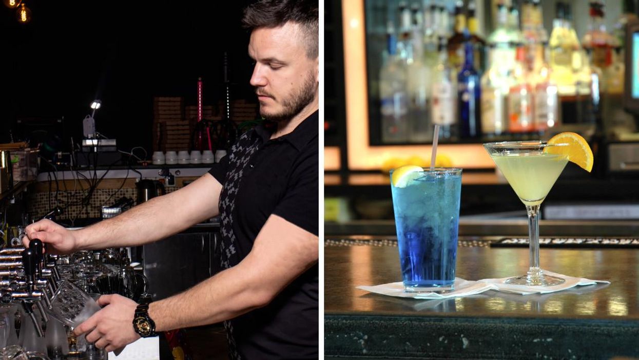 A bartender pouring a drink. Right: cocktails at a bar.