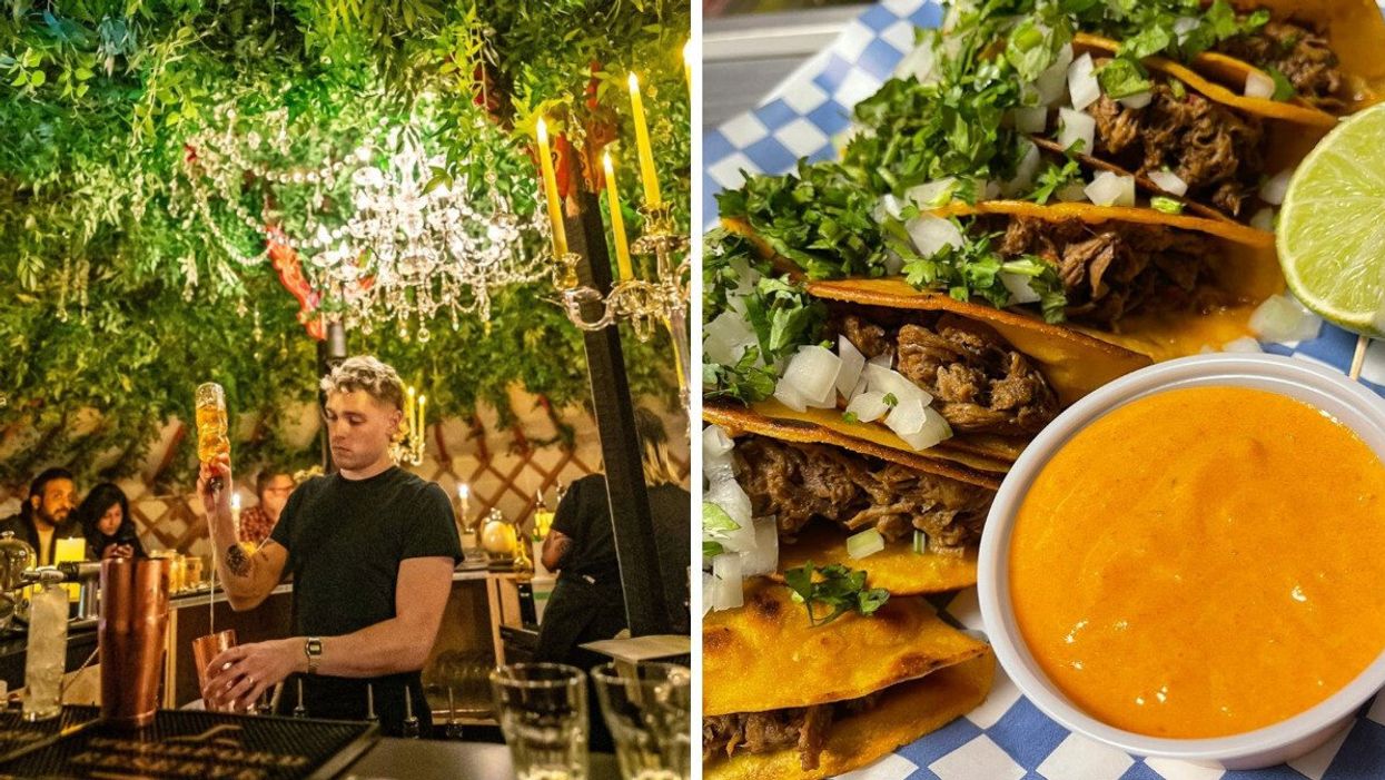 A bartender pouring drinks. Right: Beef tacos and sauce from a Toronto restaurant.