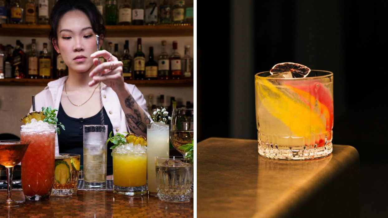 A bartender preparing drinks at Civil Liberties in Toronto. Right: A cocktail from Botanist in Vancouver.