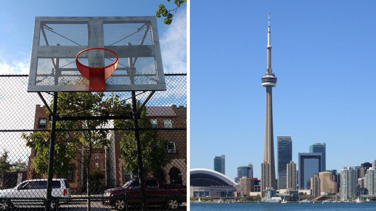 A basketball court, Right: Toronto skyline.