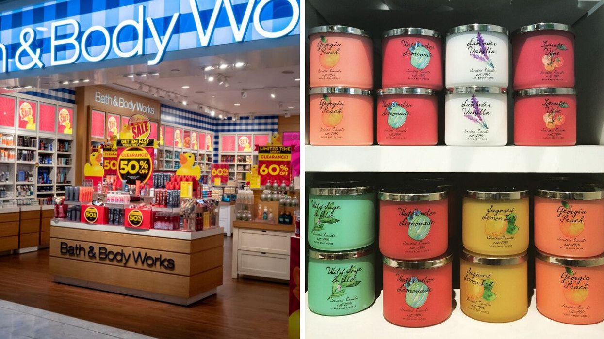 A Bath & Body Works store. Right: A selection of Bath & Body Works candles.