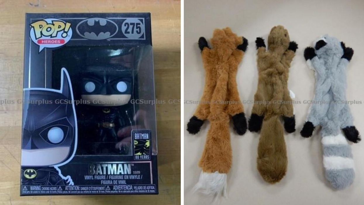 A Batman Funko Pop figurine. Right: Dog toys.