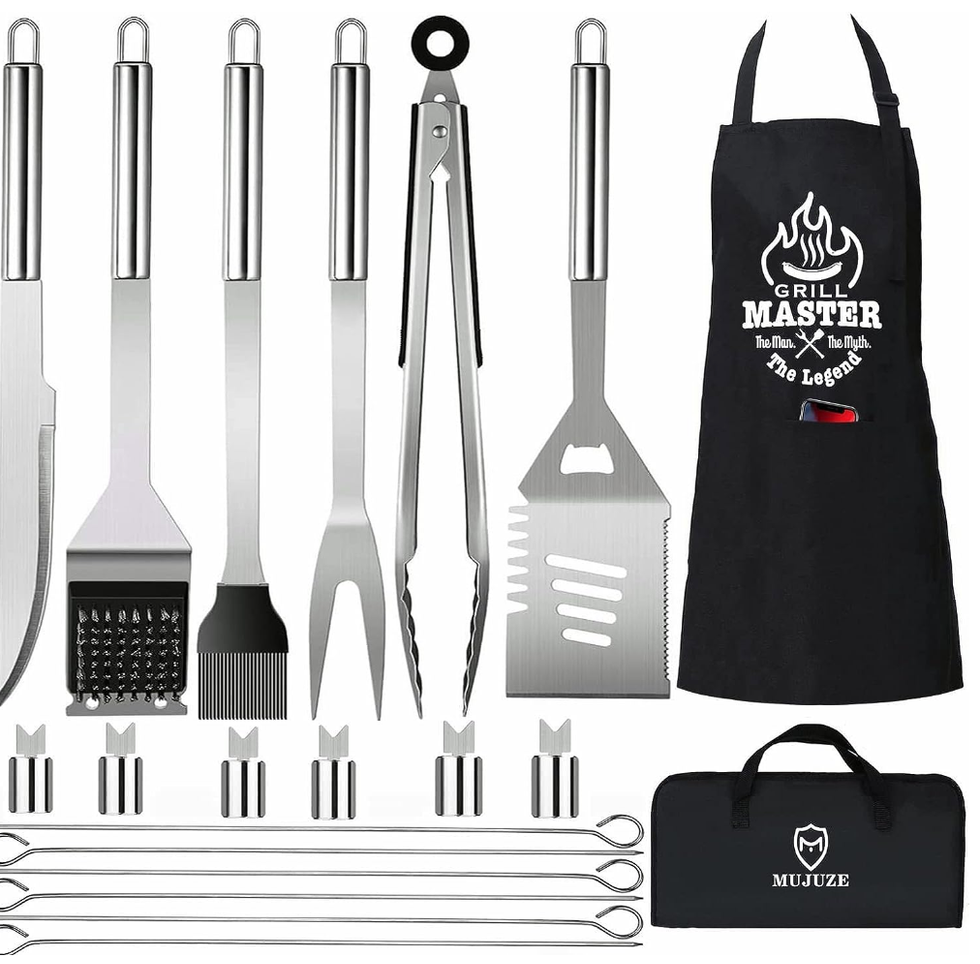 A BBQ grilling set with an apron and various grilling utensils.