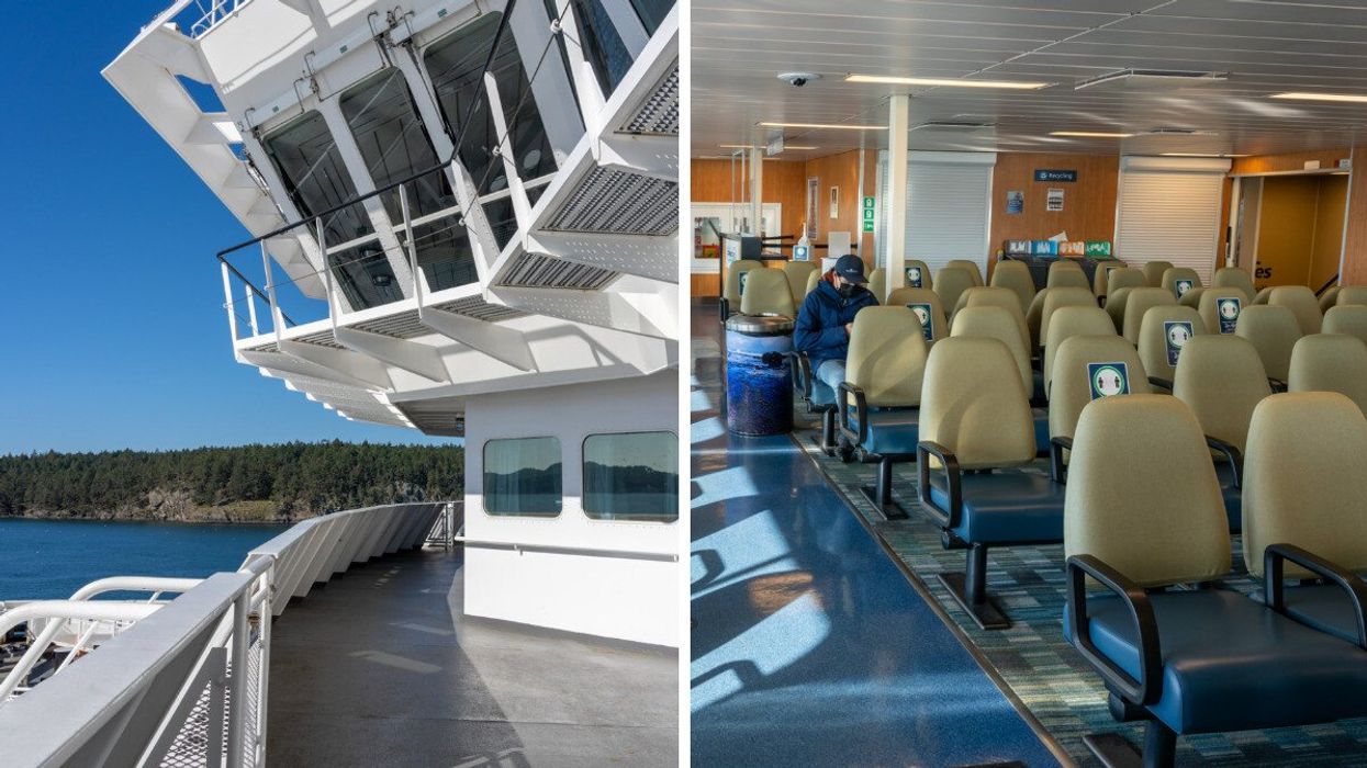 A BC Ferries ship deck. Right: The interior of a BC Ferries ship.