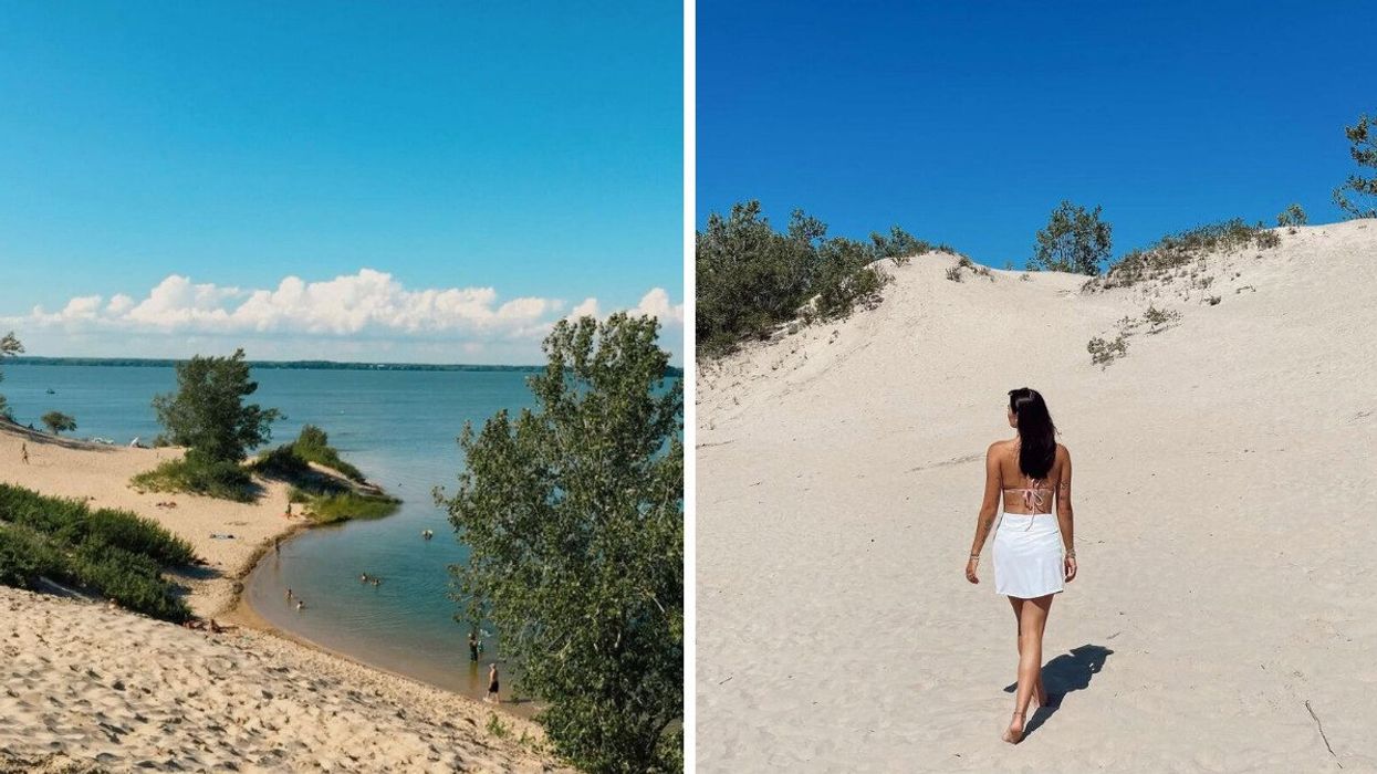 A beach in a small town in Ontario. Right: A person at a white sand beach in Ontario.
