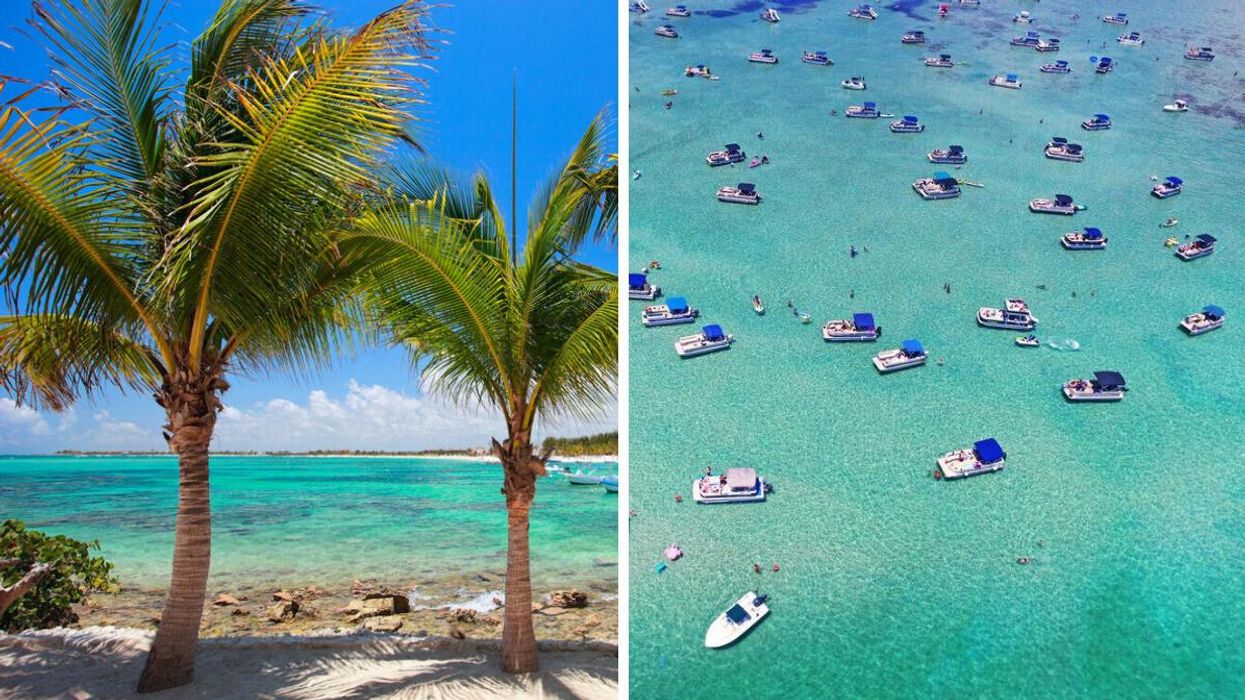 A beach in Akumal, Mexico. Right: Boats at a sandbar in Destin, Florida.