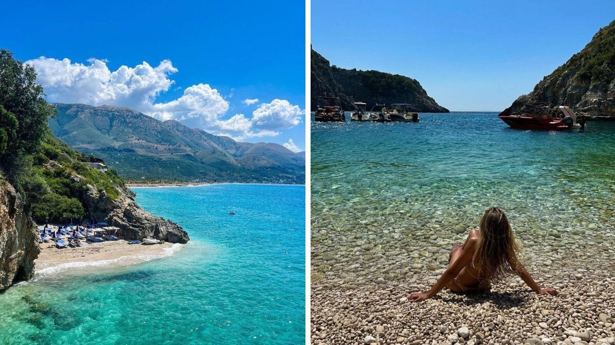A beach in Albania. Right: A woman lies on a beach in Albania. 