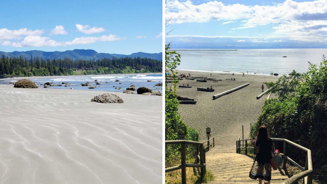A beach in B.C. Right: A person walks toward a beach in Vancouver.