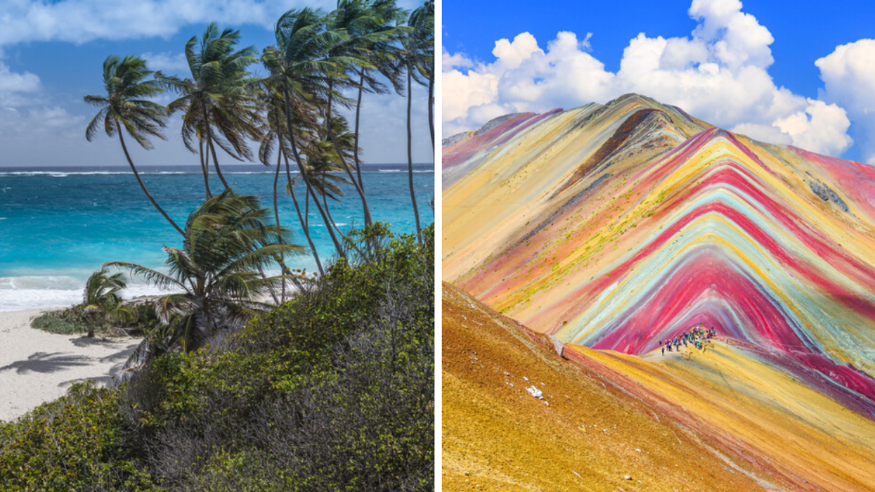 A beach in Barbados. Right: The famous Rainbow Mountain in Peru.