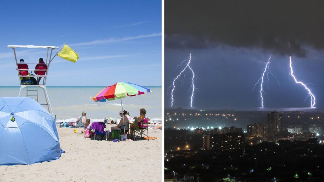 A beach in Grand Bend. Right: A thunderstorm in Ontario.