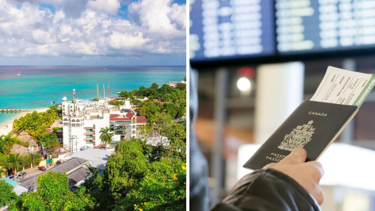 ​A beach in Montego Bay. Right: A person holds a Canadian passport. 