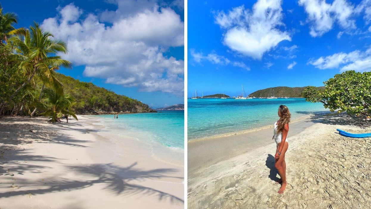 A beach in the U.S. Virgin Islands. Right: A person in U.S. Virgin Islands National Park.