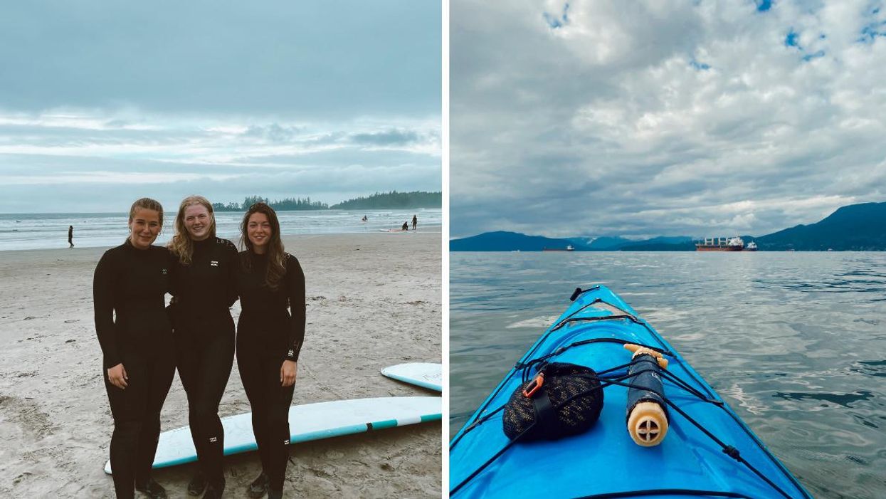 A beach in Tofino, B.C. Right: Kayaking in Vancouver, B.C.