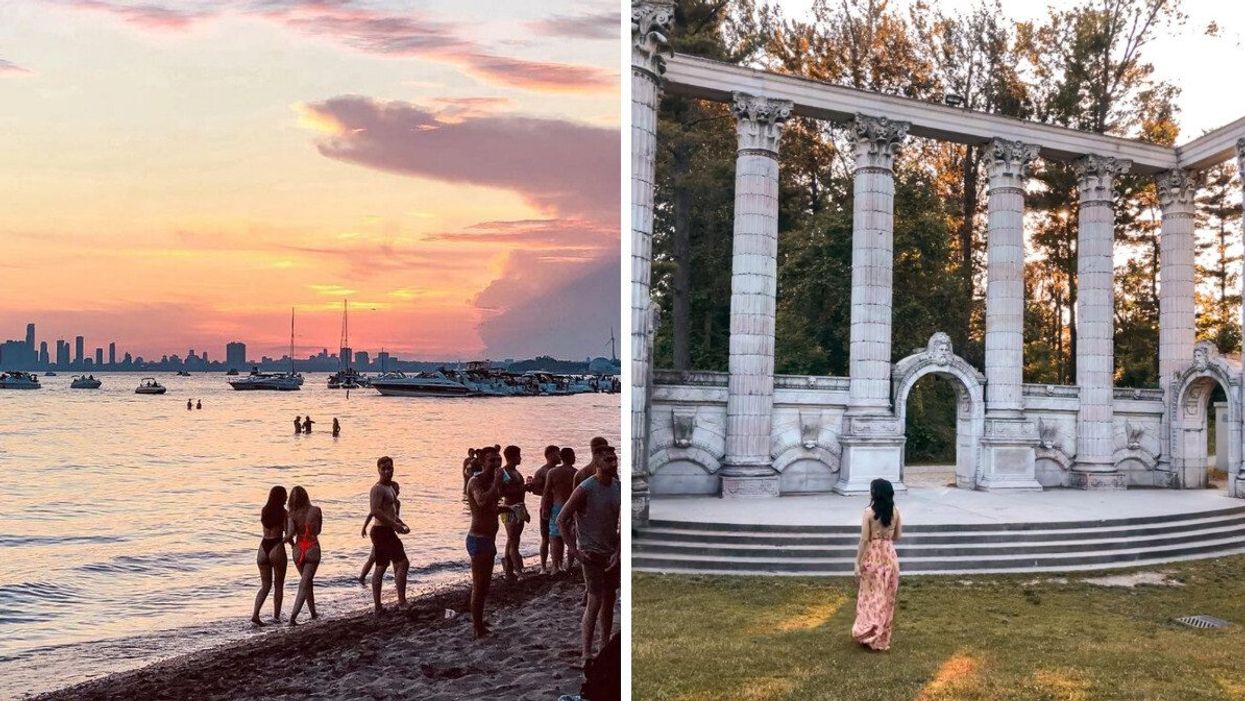 A beach in Toronto. Right: A woman stands in a park in Toronto.