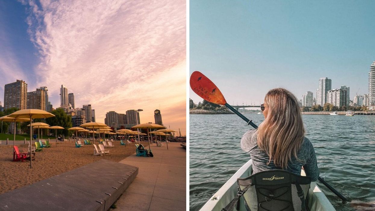 A beach in Toronto. Right: Someone kayaking in Vancouver.