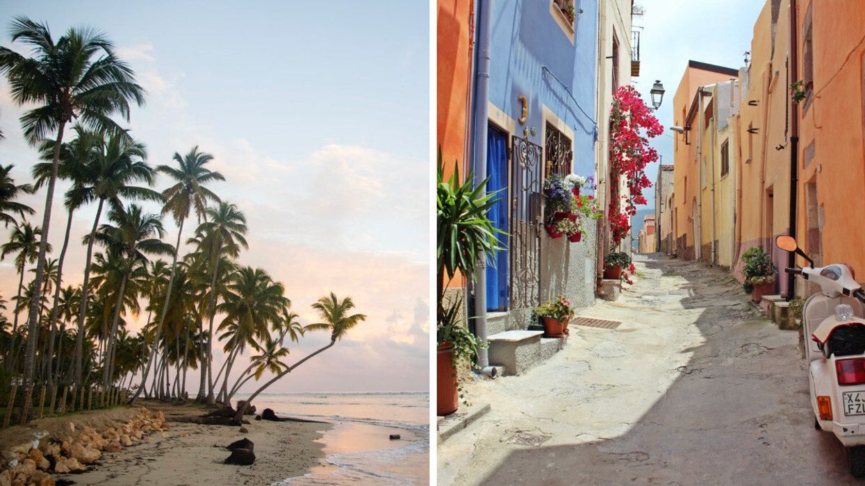A beach lined with palm trees under a soft sunset sky. Right: A narrow cobblestone alleyway winds through a colourful Italian village.