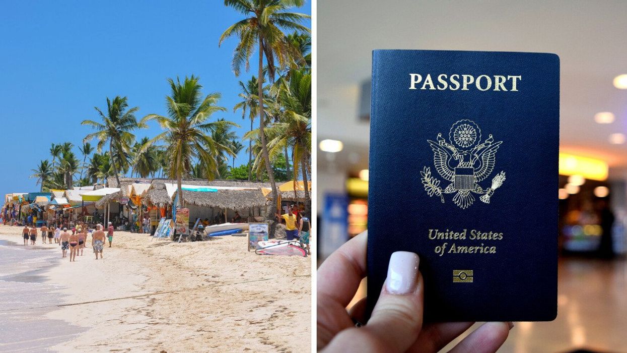 A beach market in Punta Cana, Dominican Republic. Right: A person holding a U.S. passport.