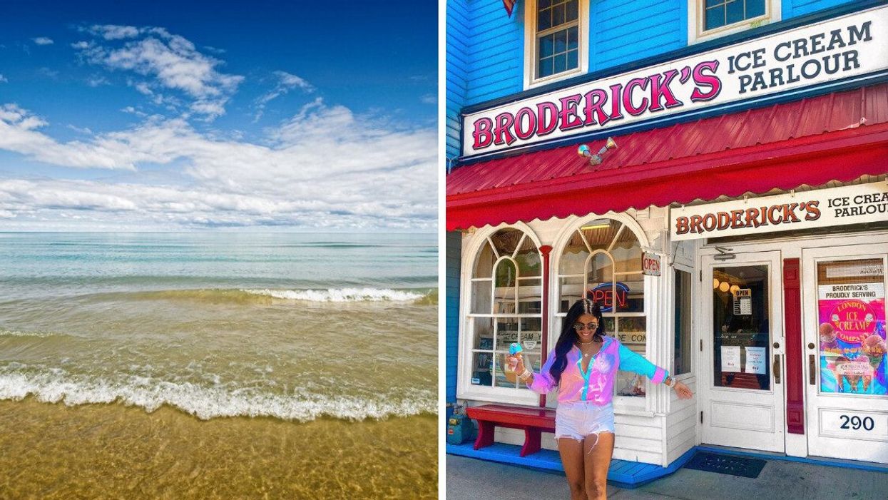 A beach on a sunny day. Right: A person outside an ice cream parlour.