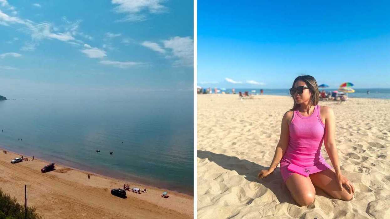 A beach. RIght: A person sitting on a beach.