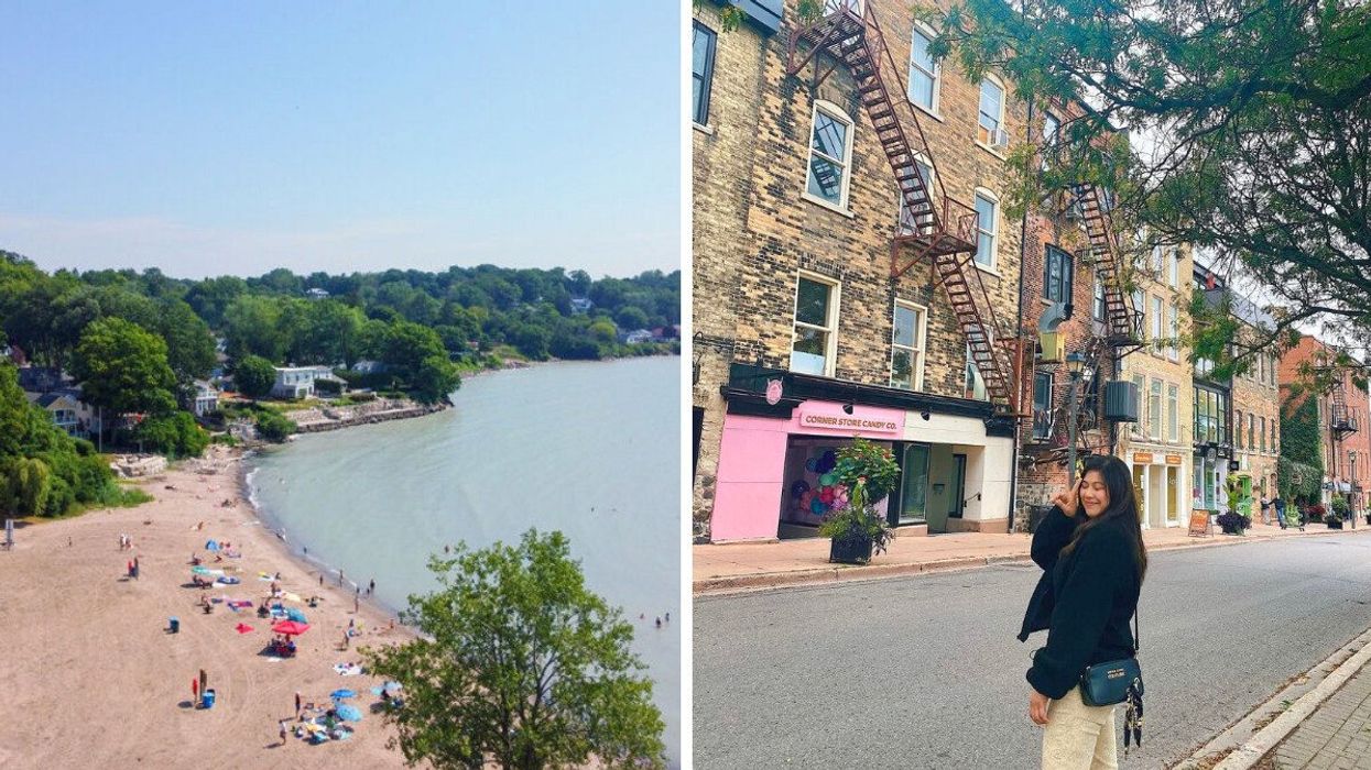 A beach. Right: A person standing on a historic street.