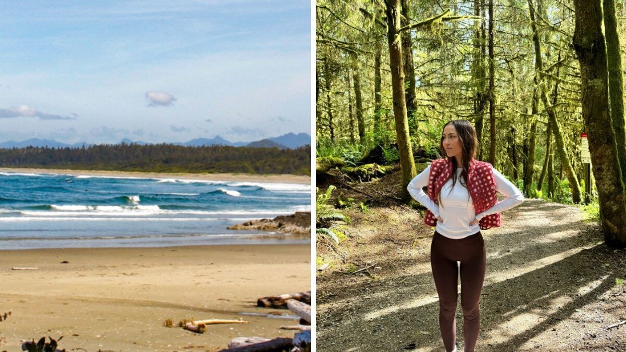 A beach. Right: Someone on a trail.