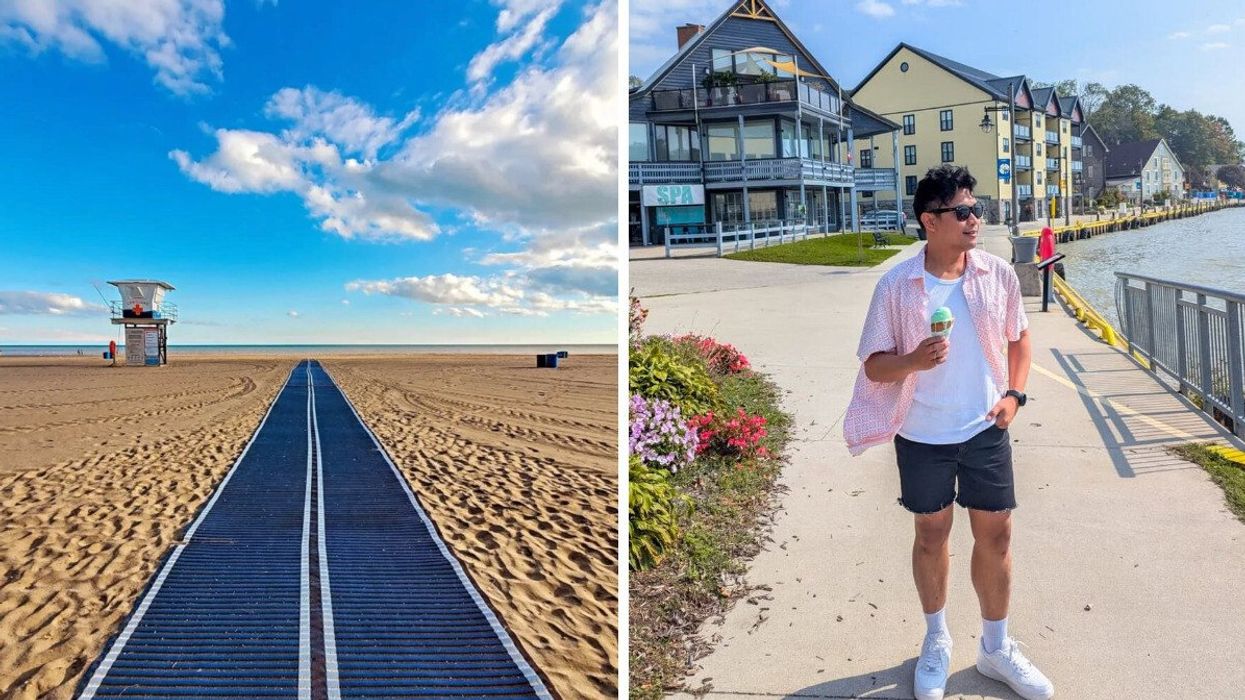 A beach with a mat. Right: A person standing in a town with an ice cream cone.
