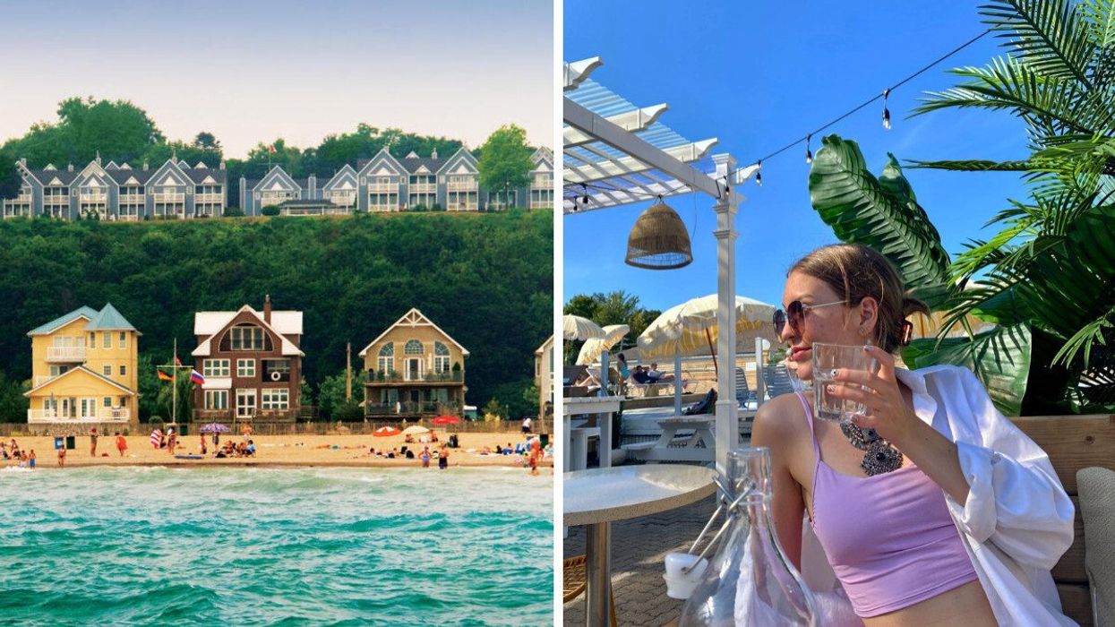 A beach with colourful buildings. Right: A person sitting on a patio.