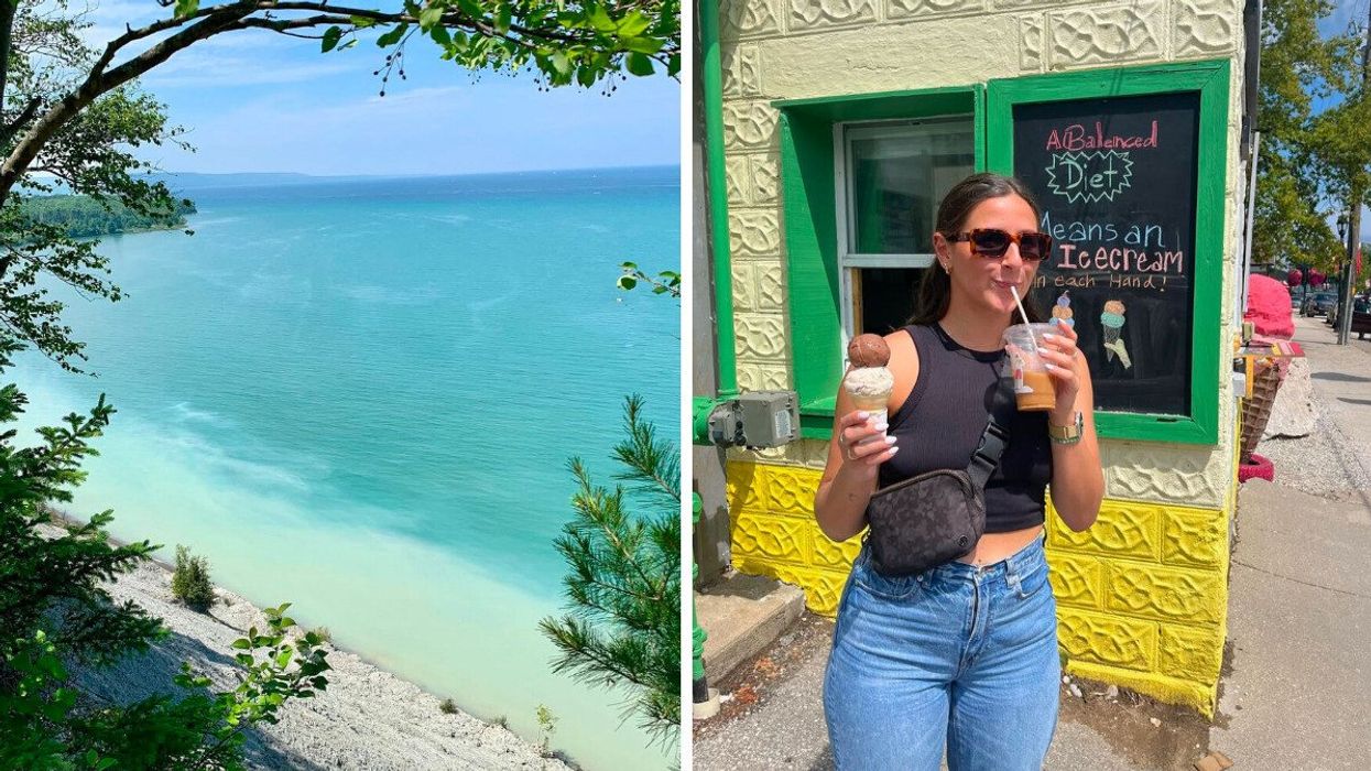 A beach with turquoise water. Right: A person at an ice cream shop.