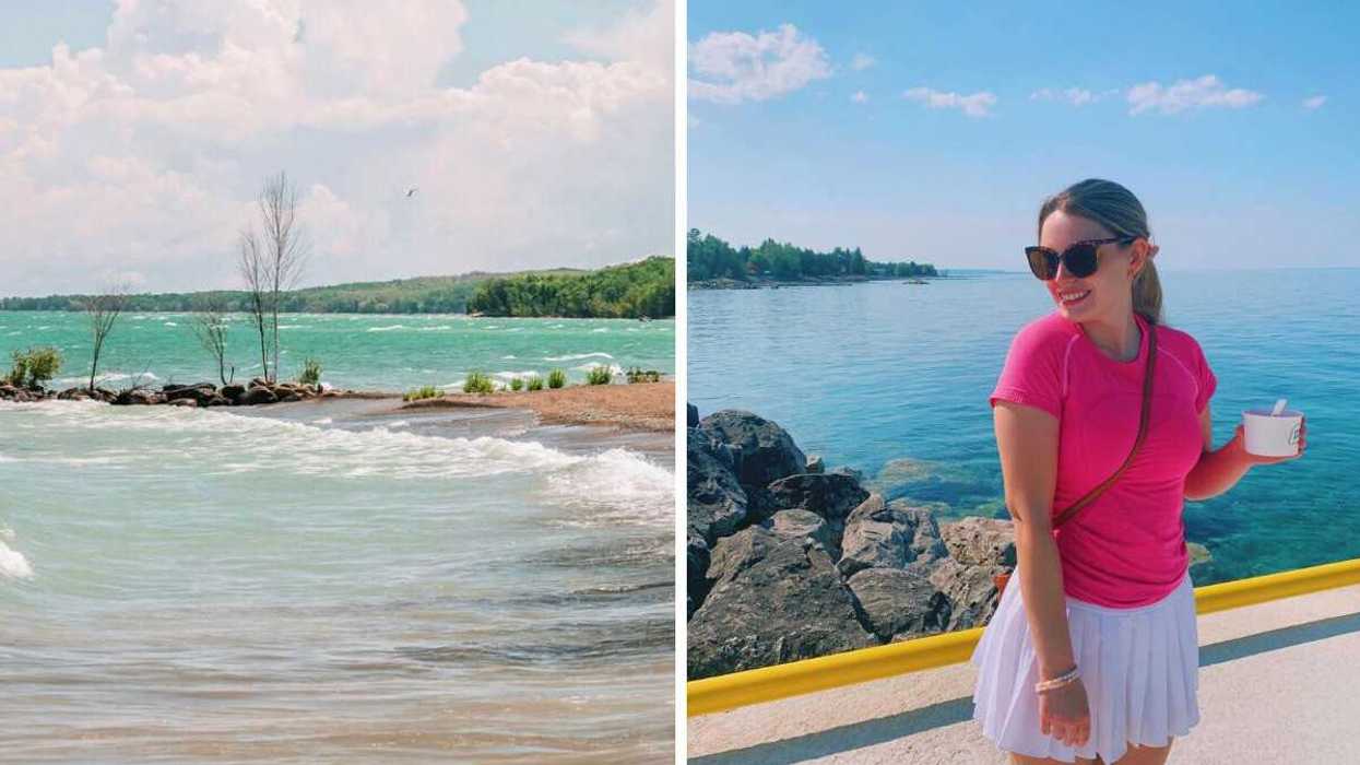 A beach with turquoise water. Right: A person standing on a peir with ice cream.