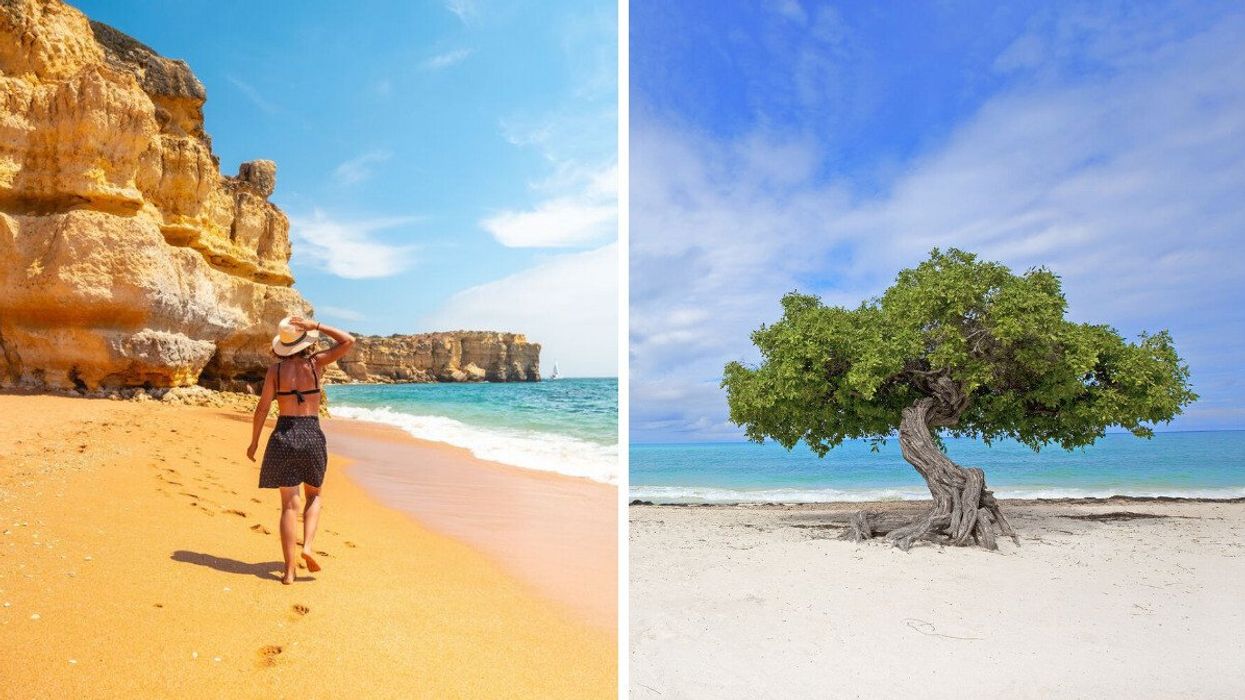 A beachgoer in Praia da Falesia, Portugal. Right: A Divi tree on Eagle Beach in Aruba.
