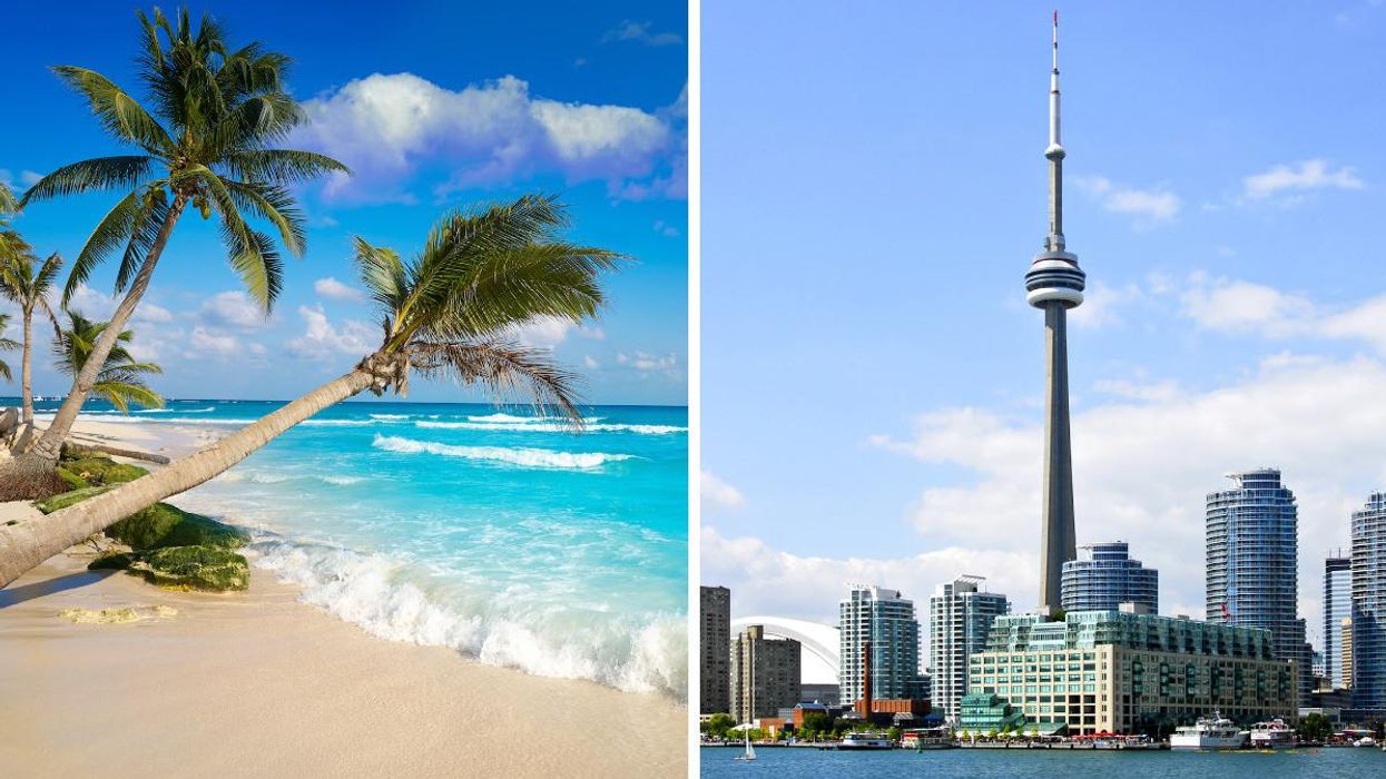 A beautiful beach in Mexico. Right: The CN Tower in Toronto.