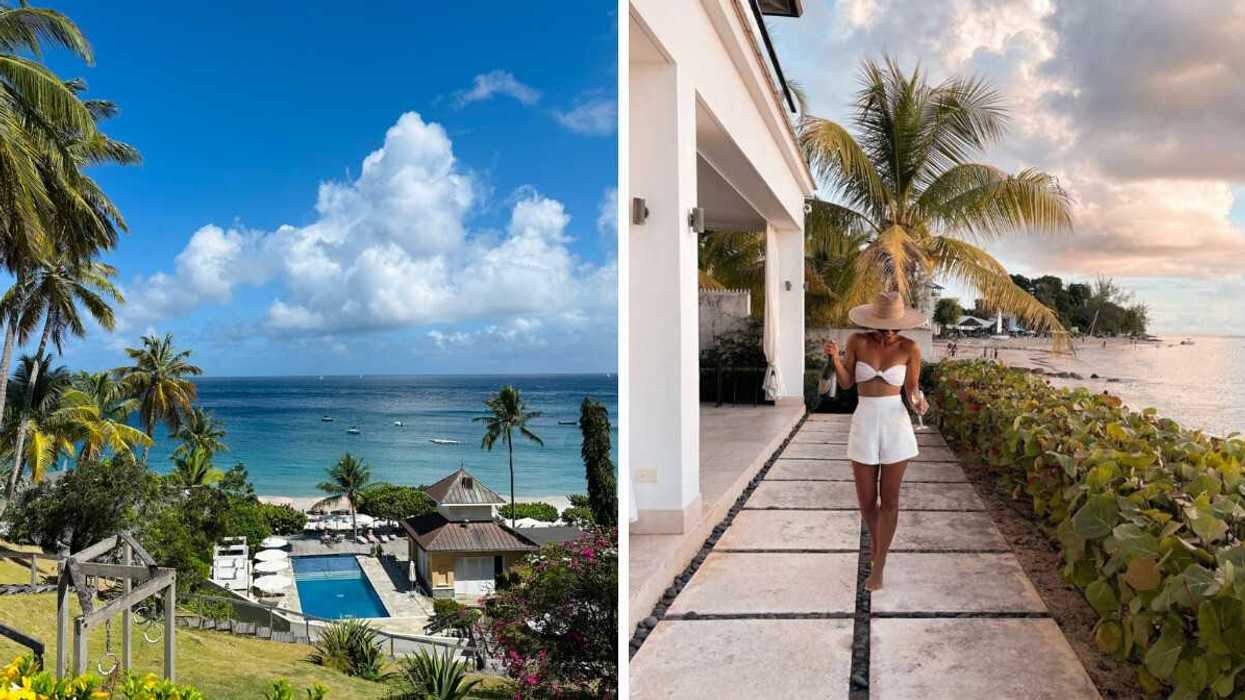 A beautiful beachside resort in Saint Lucia. Right: A woman smiles and poses in Barbados.