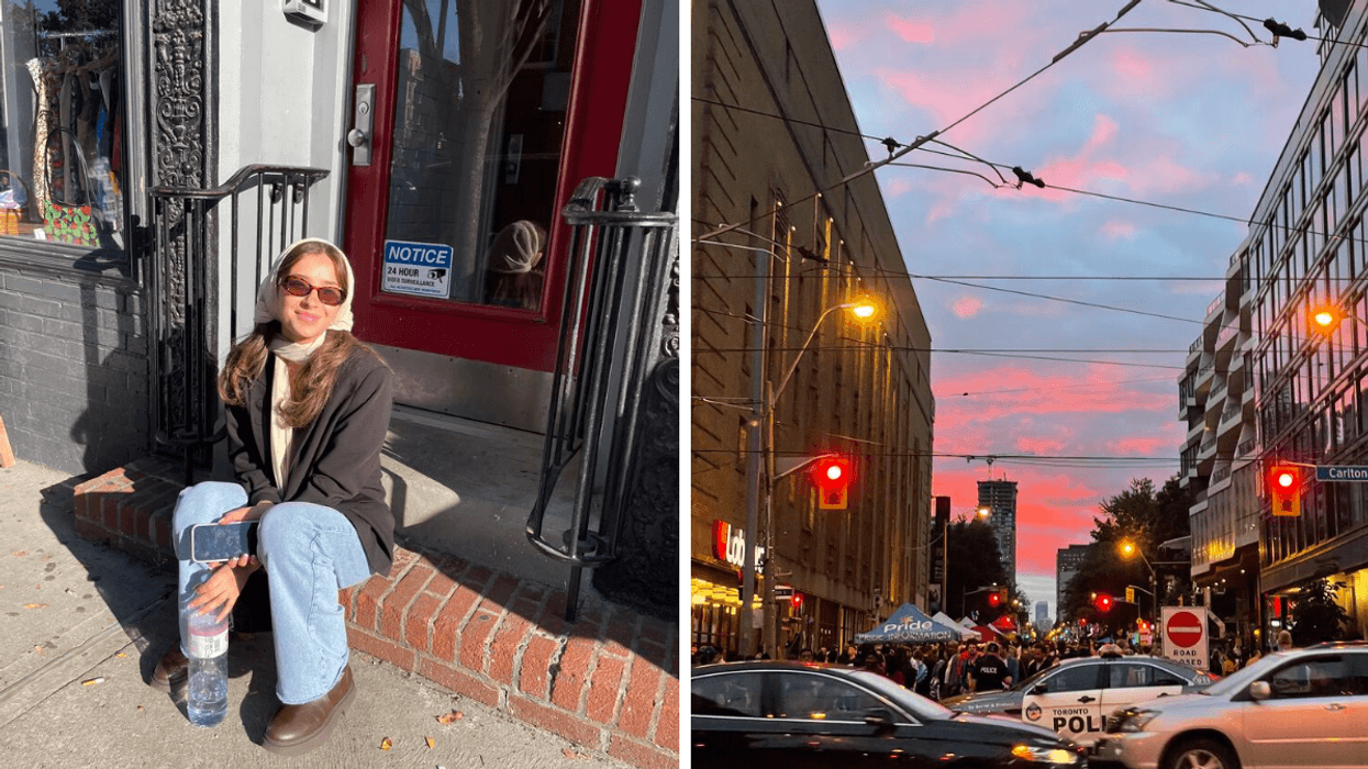 A beautiful girl on a stoop. Right: Busy city Toronto