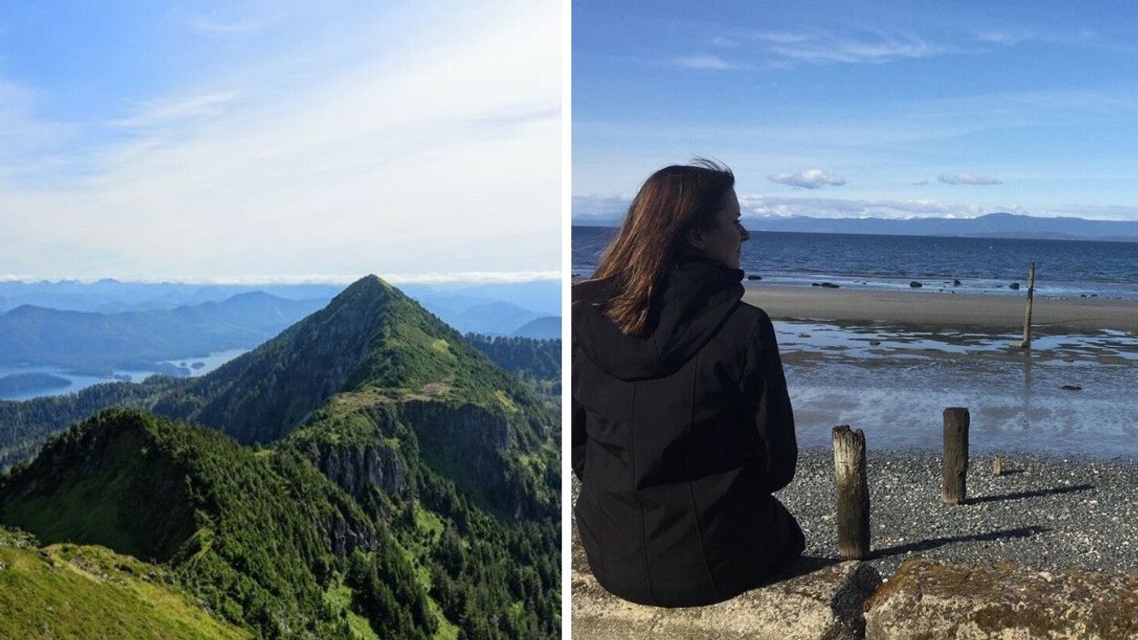 A beautiful view of the scenic ocean and forested mountains in B.C. Right: A woman taking in the view of the ocean.