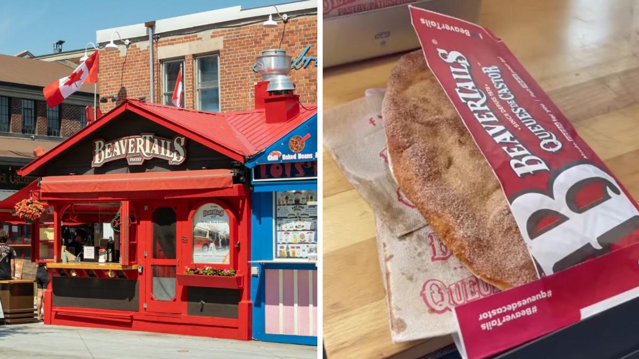A BeaverTails stand. Right: A cinnamon and sugar BeaverTail.