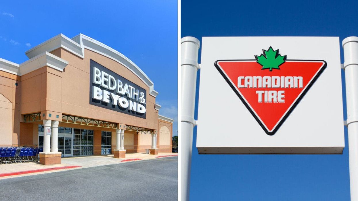 A Bed Bath & Beyond location. Right: A Canadian Tire sign.