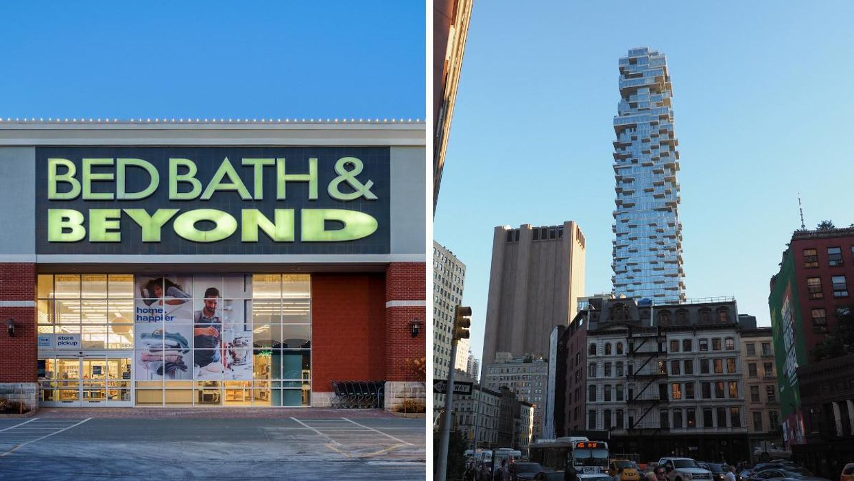 A Bed, Bath & Beyond store. Right: The "Jenga Tower" in Tribeca.