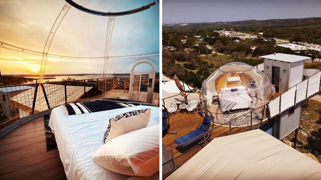 A bed inside the Stardome Suite. Right: An overview of the Stardome Suite from outside.