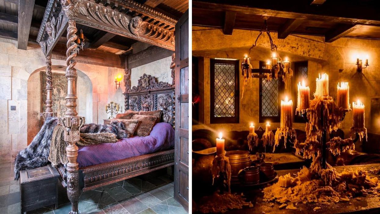 A bedroom at Stone Hall Castle. Right: Furnishings and candles at Stone Hall Castle.