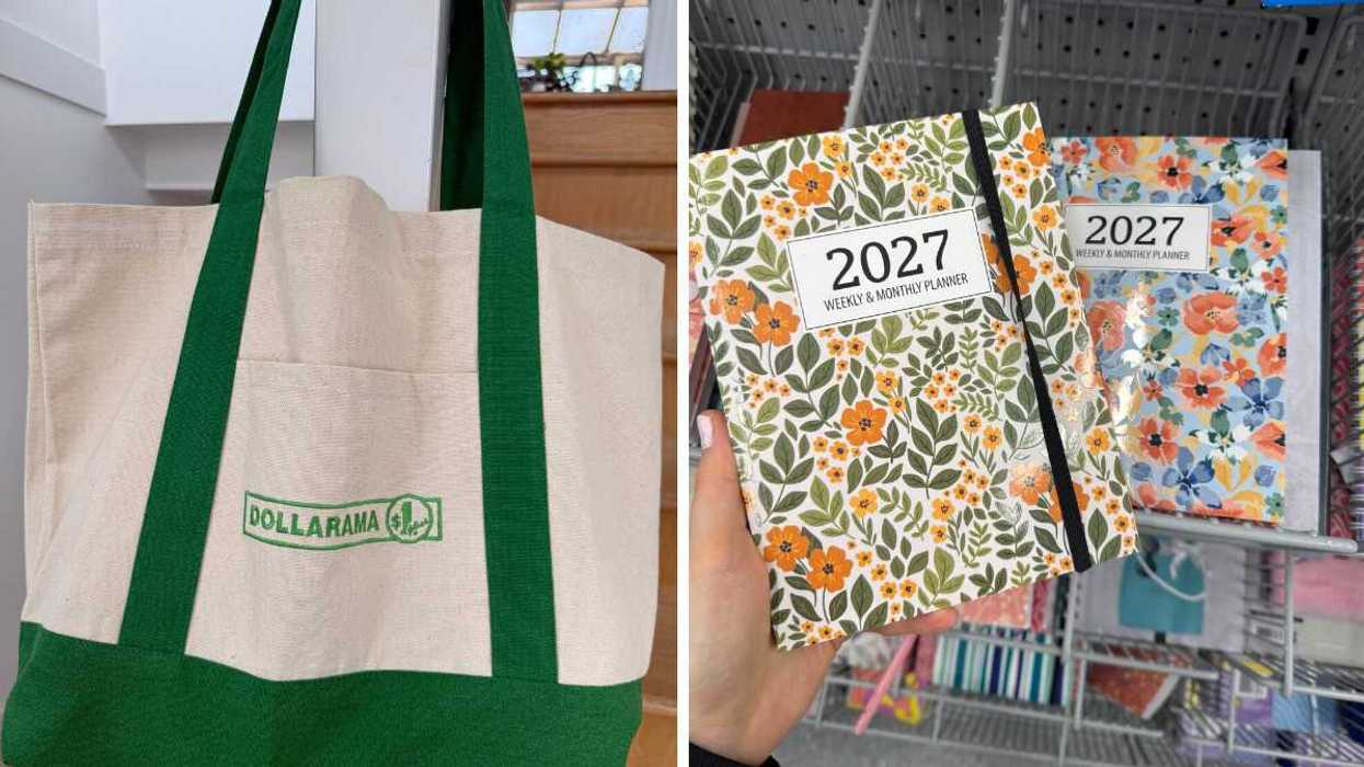 A beige and green tote bag that says Dollarama on it. Right: Two colourful planners with floral designs that say 2027 weekly and monthly planners on them.
