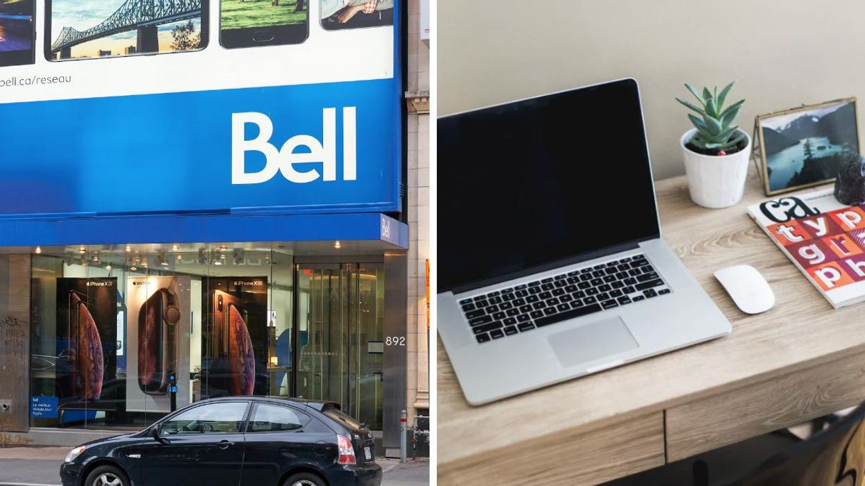 A Bell internet store. Right: A laptop on a desk.