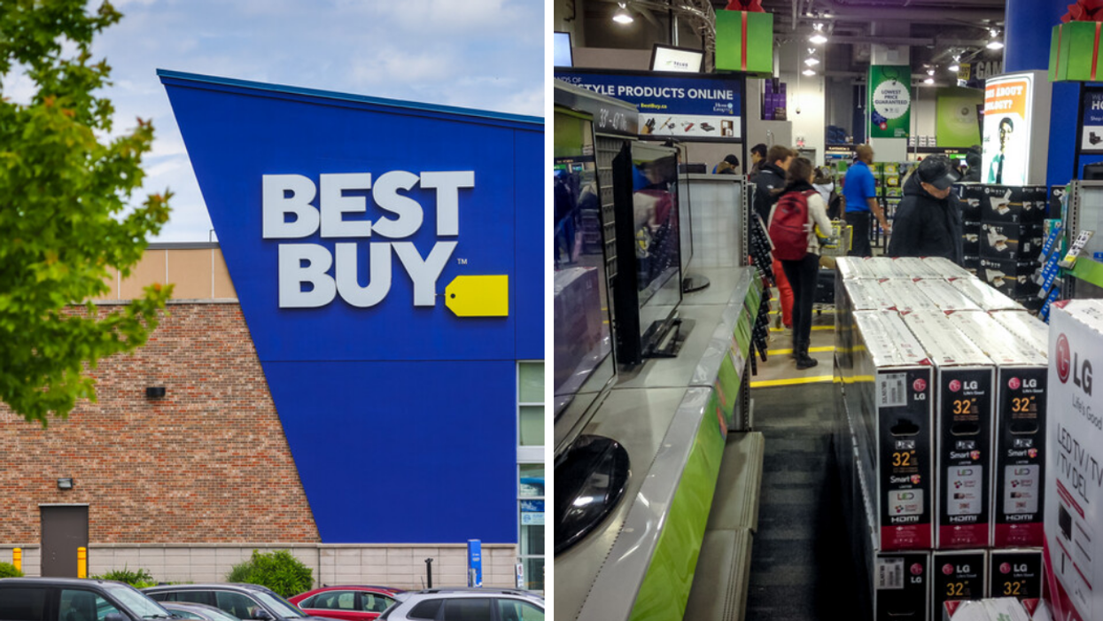 A Best Buy store in Canada. Right: Electronics in a Best Buy store.