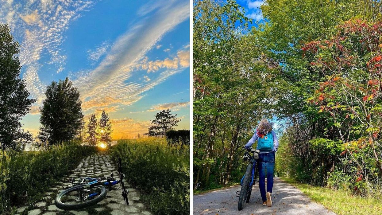 A bicycle lying on its side on a stone pathway with the sunset behind. Right: A woman walking a bike along a tree-lined path.
