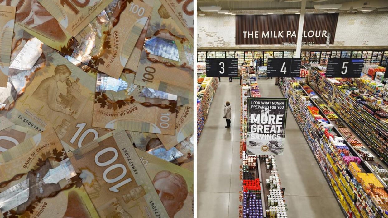 A big ol' stack of Canadian $100 bills. Right: Inside a Canadian grocery store.