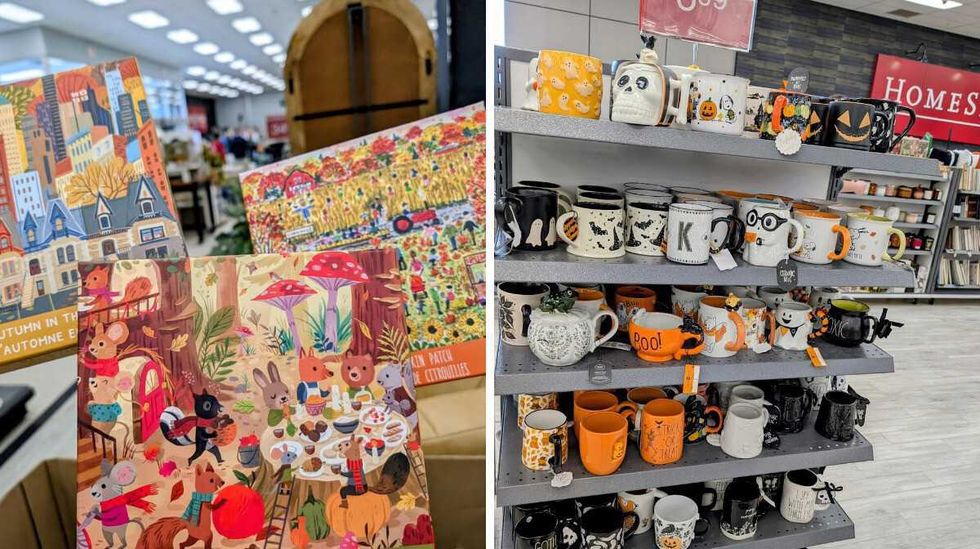 A big selection of seasonal puzzles. Right: Ceramic autumn-themed mugs.