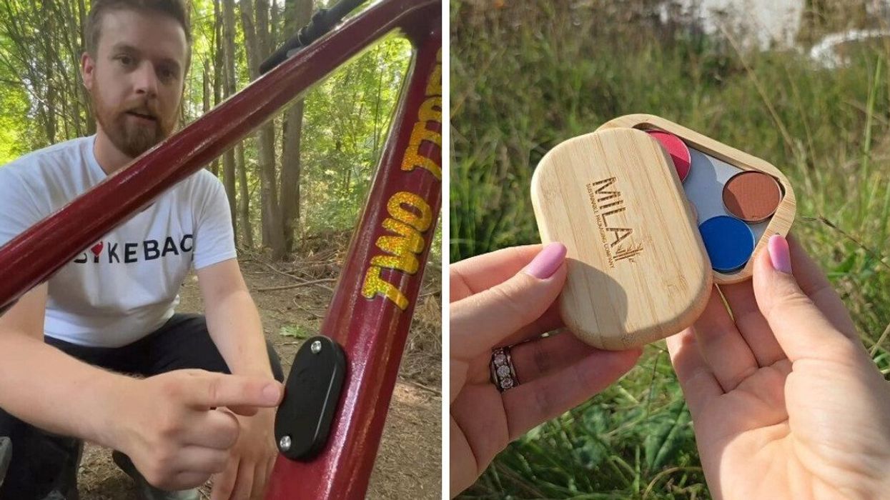 A Bikebac tracker mounted on a bike frame. Right: A Mila sustainable bamboo palette.