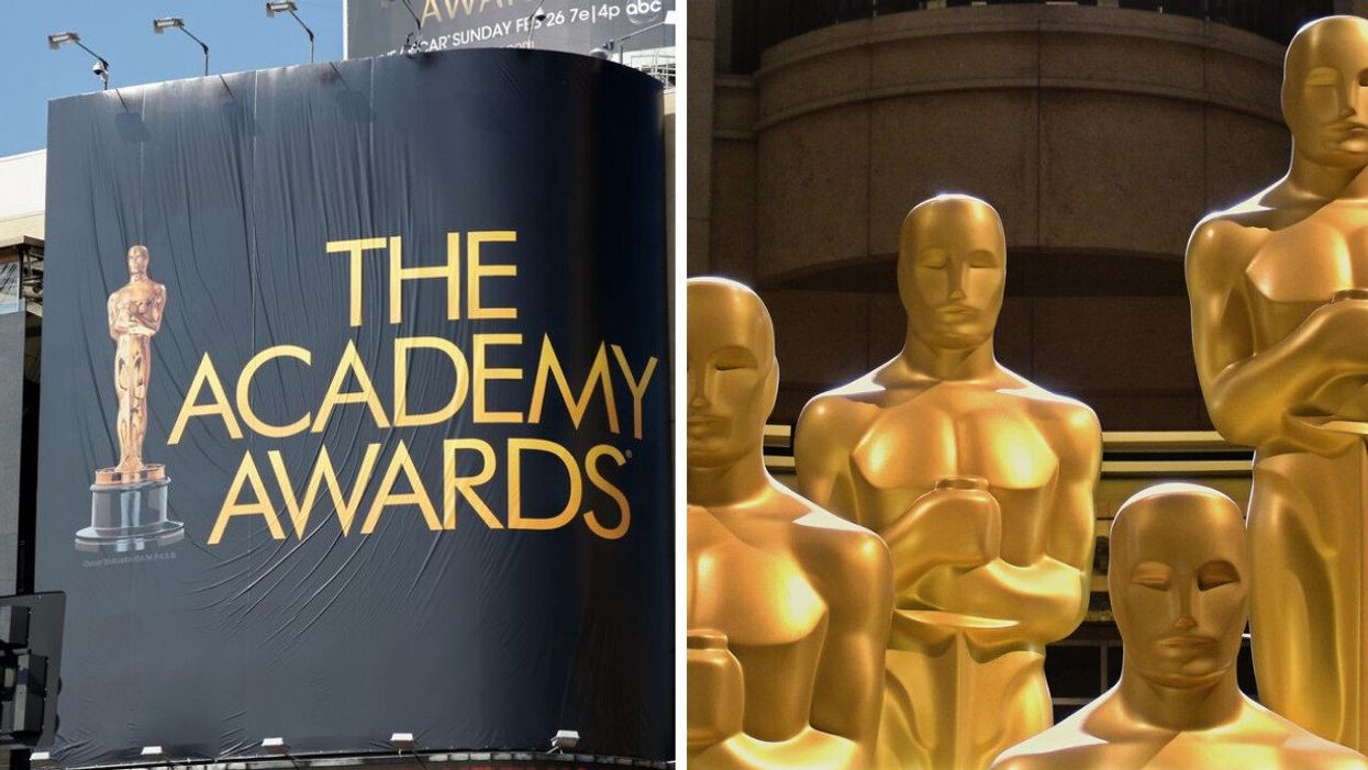 A billboard for The Academy Awards. Right: Oscar statues.