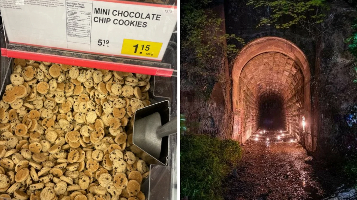 A bin of mini chocolate chip cookies at Bulk Barn. Right: A dark stone tunnel in Niagara.